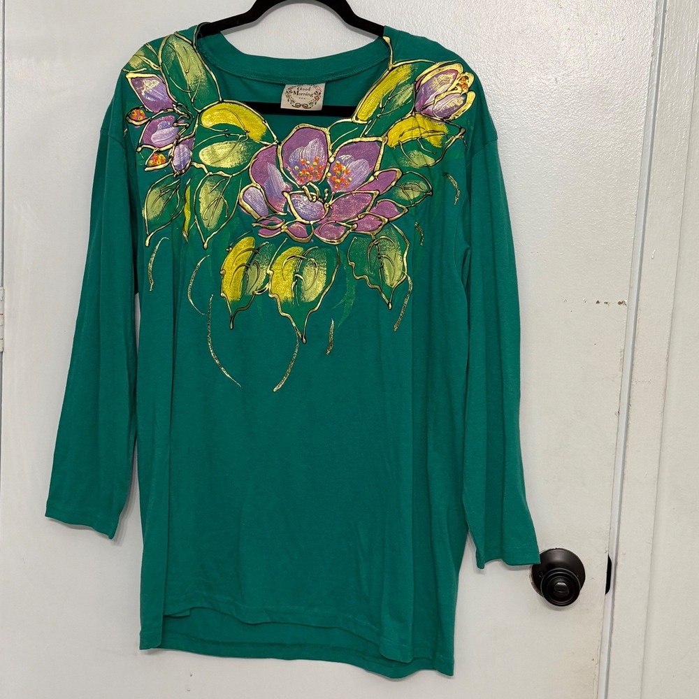 Good Morning USA Vintage Rare Hand Painted Floral Gold Art-To-Wear One Size Top